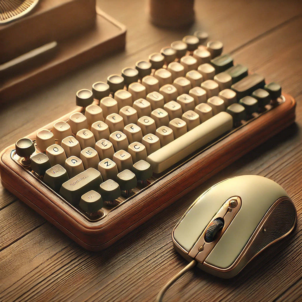 Retro keyboard and mouse on wooden surface